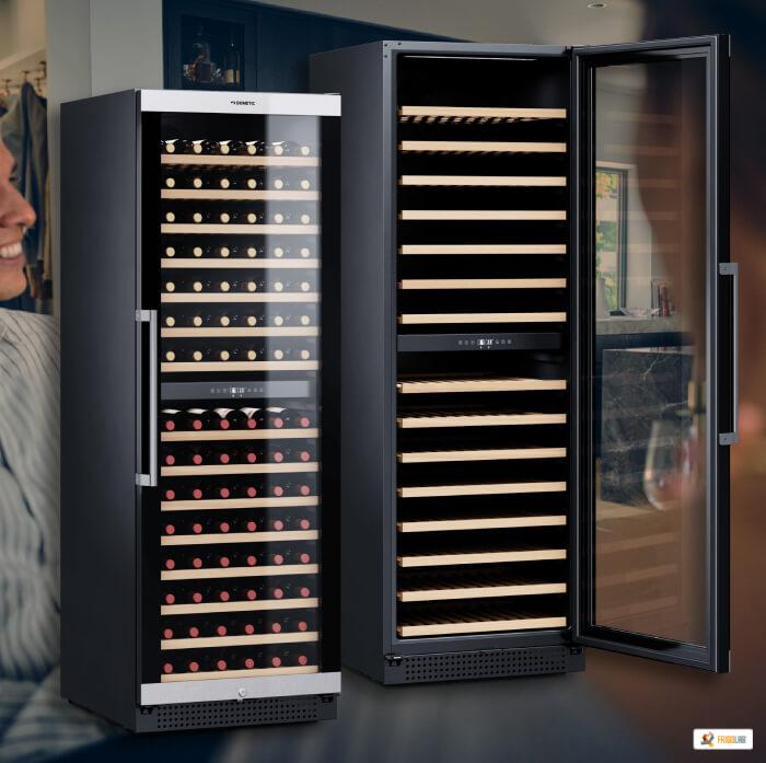 large classic dometic series wine cellars and as a background people drinking wine in a kitchen